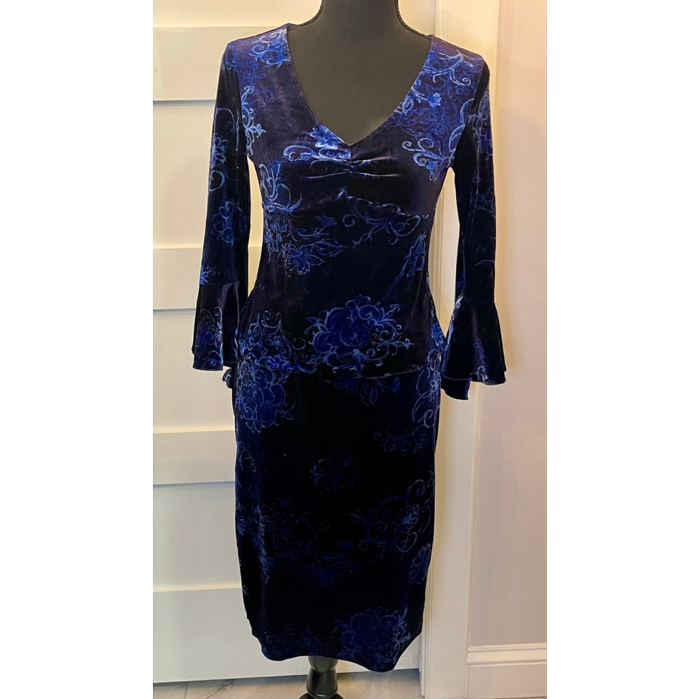 CDC Petite 90s Blue Velvet Burnout shirt/skirt Bell Sleeves Witchy Goth Sz 2P